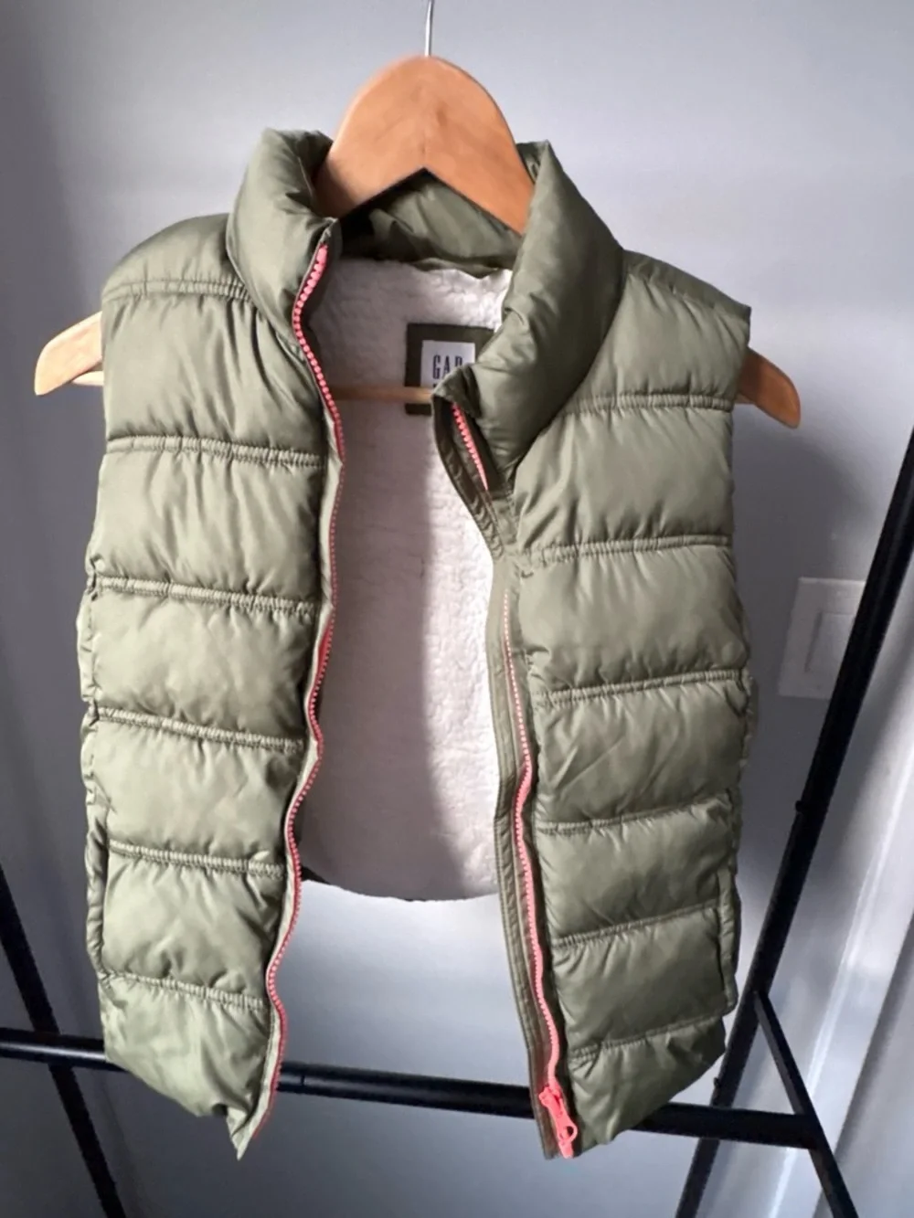 GAP Kids Olive Green Puffer Vest with Cream Sherpa